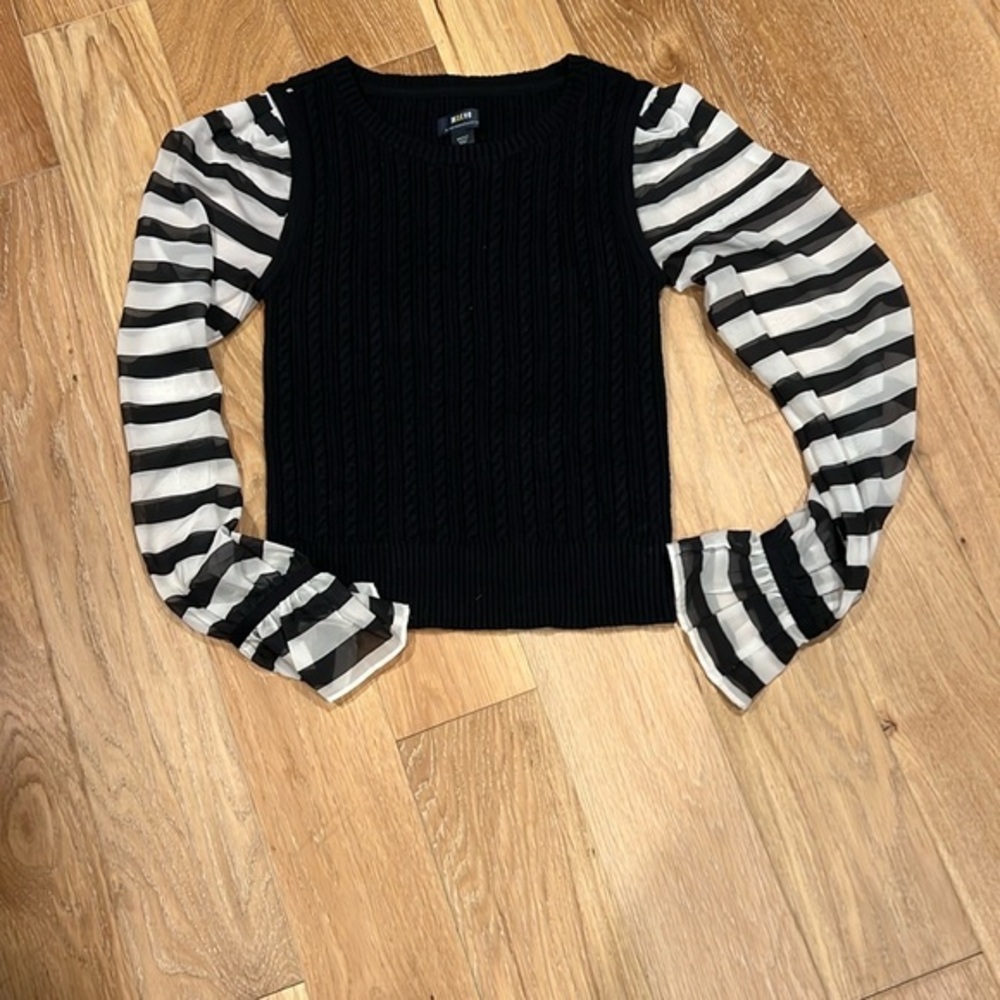 Maeve Black Knit Bodice with Black and White Striped Puff Sleeves